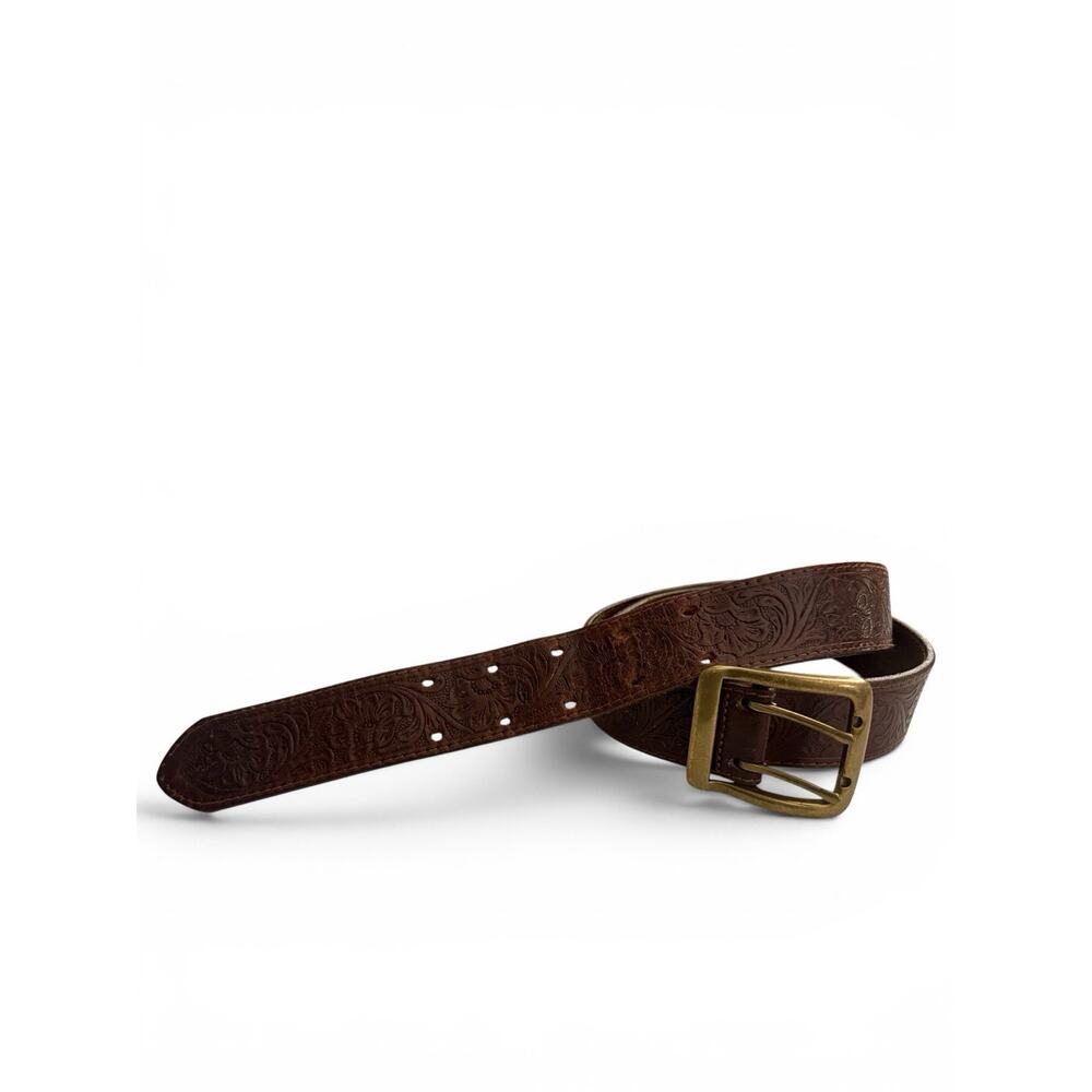 Rare Vtg Eddie Bauer Belt Brown Embossed Leather Brass Buckle Made USA Sz Large
